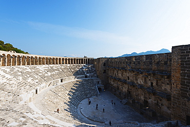 The second century Roman theatre, built by Emperor Marcus Aurelius, Aspendos, Pamphylia, Anatolia, Turkey, Asia, Eurasia
