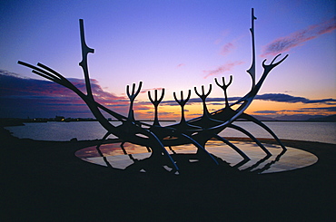 Seaside monument at sunset, Reykjavik, Iceland