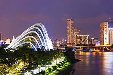 Gardens by the Bay cloud forest and city backdrop of Marina Bay, Singapore, Southeast Asia, Asia