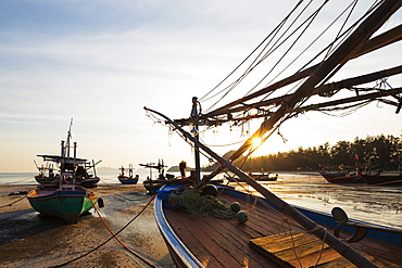 Fishing boats at sunset, Sam Phraya Beach, Khao San Roi Yot National Park, Prachuap Kiri Khan, Thailand, Southeast Asia, Asia