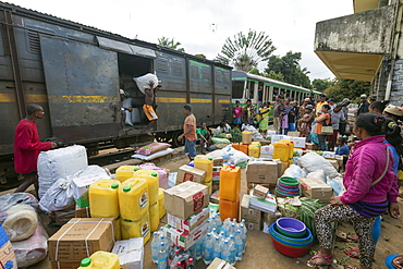 Fianarantsoa to Manakara FCE train, cargo being unloaded, eastern area, Madagascar, Africa