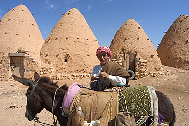 Man on donkey in front of beehive houses built of brick and mud, Srouj village, Syria, Middle East