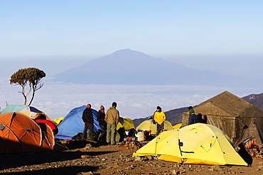 Tents at Umbwe camp with view of Mount Meru, 4565m, Kilimanjaro National Park, UNESCO World Heritage Site, Tanzania, East Africa, Africa