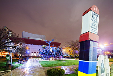 University Square, city mile marker, National Theatre, statue of musicial comedians by Ioan Bolborea, Bucharest, Romania, Europe