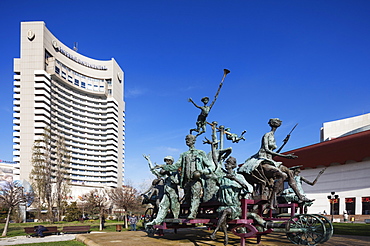 University Square, National Theatre, statue of musicial comedians by Ioan Bolborea, Bucharest, Romania, Europe