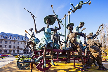 University Square, statue of musicial comedians by Ioan Bolborea, Bucharest, Romania, Europe