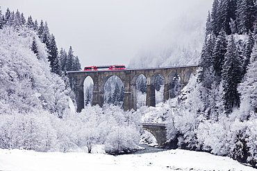 Mont Blanc Express train going over a viaduct, Chamonix, Haute Savoie, Rhone Alpes, France, Europe