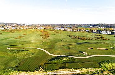 Aerial view of Royal Jersey Golf Course, Gorey, Jersey, Channel Islands, United Kingdom, Europe