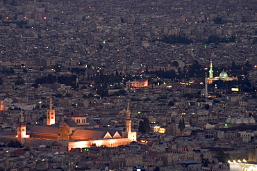 Aerial view of city at night including the Umayyad Mosque, UNESCO World Heritage Site, Damascus, Syria, Middle East