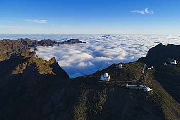 Aerial view of Telescope observatory, near Caldera de Taburiente National Park, UNESCO Biosphere Site, La Palma, Canary Islands, Spain, Atlantic, Europe