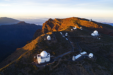 Aerial view of Telescope observatory, near Caldera de Taburiente National Park, UNESCO Biosphere Site, La Palma, Canary Islands, Spain, Atlantic, Europe