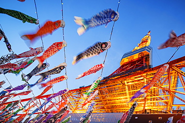 Koi nobori kites, Tokyo Tower, Roppongi, Tokyo, Japan, Asia