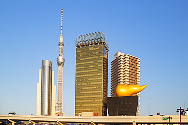 Tokyo Sky Tree Tower and Asahi beer Golden Flame (Golden Turd), Asakusa, Tokyo, Japan, Asia