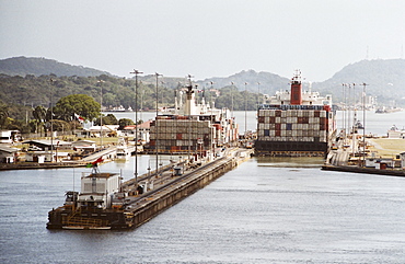 Ships passing through locks, Panama Canal, Panama, Central America