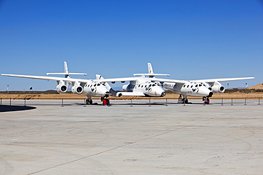 Virgin Galactic's White Knight 2 with Spaceship 2 on the runway at the Virgin Galactic Gateway, Upham, New Mexico, United States of America, North America