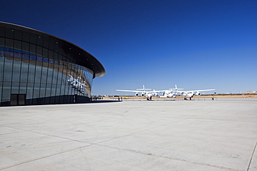 Virgin Galactic's White Knight 2 with Spaceship 2 on the runway at the Virgin Galactic Gateway spaceport, Upham, New Mexico, United States of America, North America