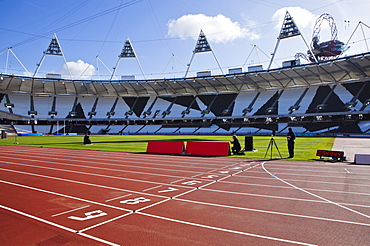 The finishing line of the athletics track inside The Olympic Stadium, London, England, United Kingdom, Europe