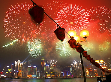 Fireworks in Victoria Harbour during the Chinese new year, Hong Kong