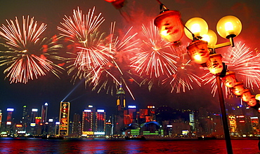 Fireworks in Victoria Harbour during the Chinese new year, Hong Kong