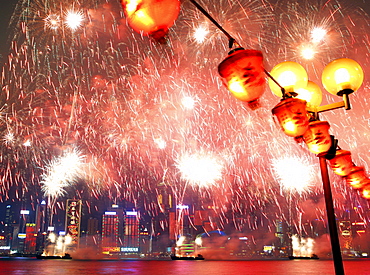 Fireworks in Victoria Harbour during the Chinese new year, Hong Kong