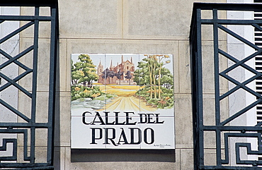 Close-up of a tile street sign, Calle del Prado, Centro, Madrid, Spain, Europe