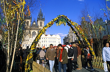 Easter decorations on Old Town Square, Stare Mesto, Prague, UNESCO World Heritage Site, Czech Republic, Europe