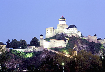 Gothic 15th century castle at dusk, Trencin, Trencin Region, Slovakia, Europe