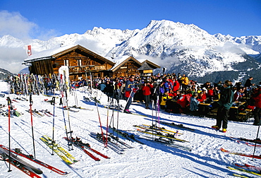 Mountain restaurant above village of Solden in Tirol Alps, Tirol, Austria, Europe