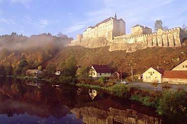 Gothic castle of Cesky Sternberk hides behind its walls a Baroque interior, overlooking the Sazava River, Cesky Sternberk, Stredocesko, Czech Republic, Europe