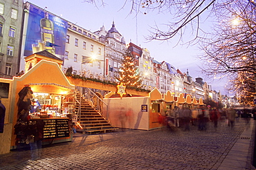 Christmas market and Christmas tree in Wenceslas Square (Vaclavske namesti), Nove Mesto, Prague, Czech Republic, Europe