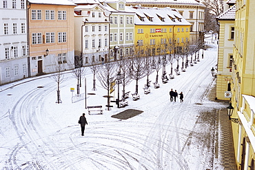 Snow covering Na Kampe Square, Kampa Island, Mala Strana suburb, Prague, Czech Republic, Europe