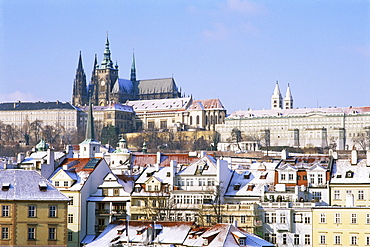 Prague Castle and houses of Mala Strana suburb in winter, Prague, Czech Republic, Europe