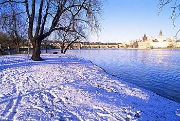 Strelecky Island, Vltava River and Old Town in winter, Mala Strana, Prague, Czech Republic, Europe