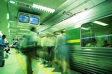 Passengers boarding train at Parliament Station in the City of Melbourne, Melbourne, Victoria, Australia, Pacific