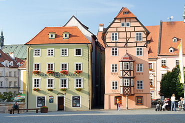 Gothic Spalicek buildings are part of Spalicek complex at Kral Jiri z Podebrad Square in town of Cheb, Karlovarsky Region, West Bohemia, Czech Republic, Europe