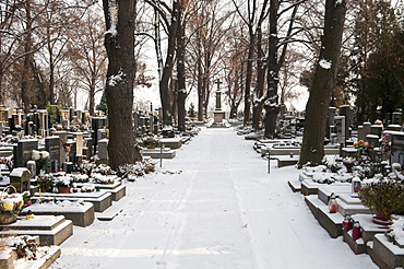 Snow-covered cemetery, village of Treboradice, Prague, Czech Republic, Europe