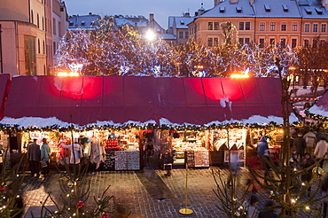 Stalls at Christmas Market in the evening, Old Town Square, Stare Mesto, Prague, Czech Republic, Europe