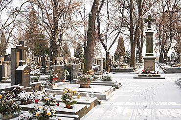 Snow-covered cemetery, village of Treboradice, Prague, Czech Republic, Europe