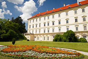 Baroque Valtice Castle with floral decoration in its gardens, Valtice, Brnensko, Czech Republic, Europe