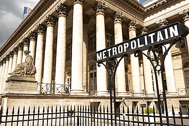 Stock Exchange (La Bourse) and Metropolitain sign at entrance to metro, Place de la Bourse, Paris, France, Europe