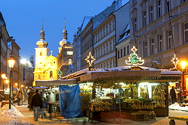 Snow-covered Havelsky Trh during Christmas, Havelska Street, Prague, Czech Republic, Europe 