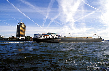 Cargo boat on the River Ij, Amsterdam, The Netherlands (Holland), Europe