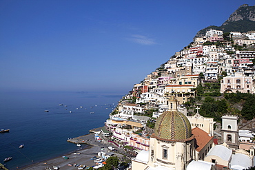 View of Positano with the typical majolica dome of Santa Maria Assunta, Costiera Amalfitana, UNESCO World Heritage Site, Campania, Italy, Europe