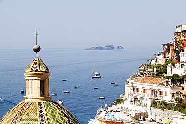 View of Positano with the typical majolica dome of Santa Maria Assunta, Costiera Amalfitana, UNESCO World Heritage Site, Campania, Italy, Europe