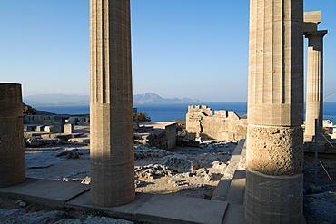 The large Hellenistic Stoa in the acropolis of Lindos, Rhodes, Dodecanese, Greek Islands, Greece, Europe