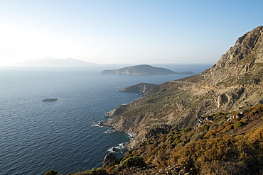 The view of the high coast of Tilos towards the island of Nisyros, Dodecanese islands, Greek Islands, Greece, Europe