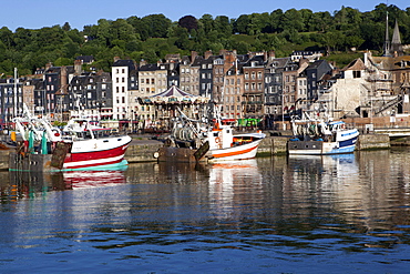 Traditional fishing boats in the harbour of Honfleur, Normandy, France, Europe