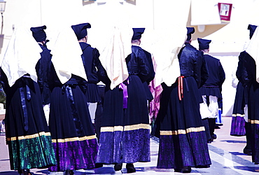 Men and women in traditional costume during the Saint Antioco procession, Sant'Antioco, Sardinia, Italy, Europe