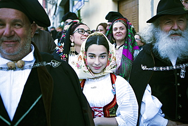 The crowd in traditional dress waiting for the passage of Saint Antioco, Sant'Antioco, Sardinia, Italy, Europe