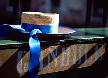 Close-up of gondolier's straw hat and blue ribbon, Venice, Veneto, Italy, Europe